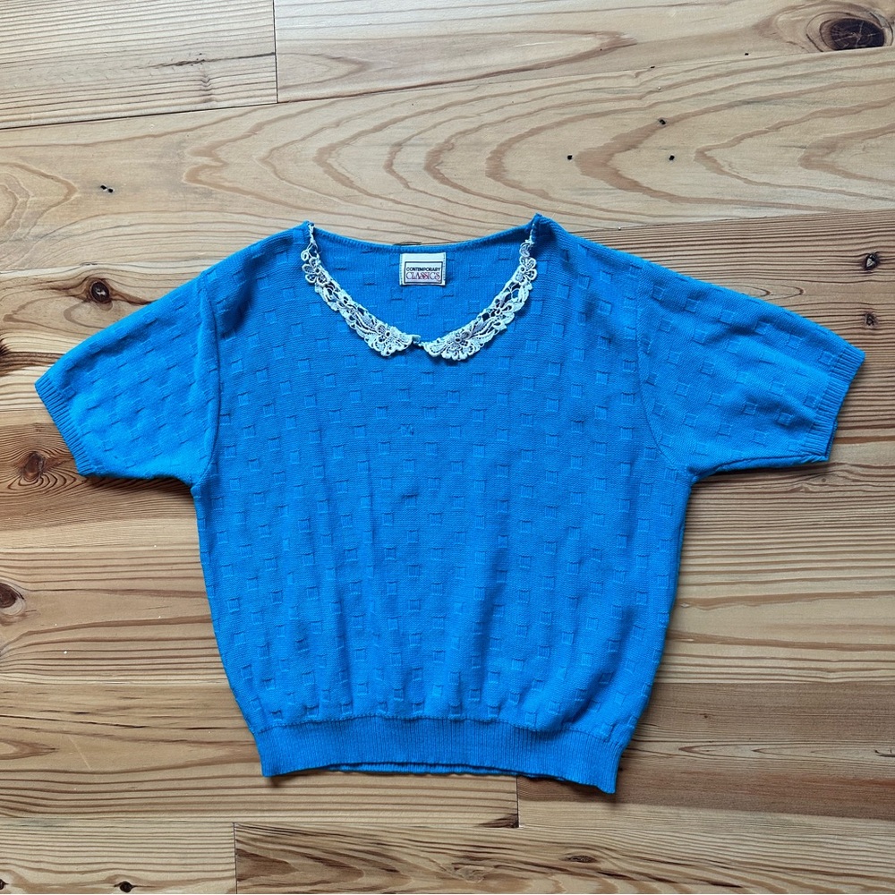 Vintage 90s Knit Sweater Top with Lace Trim Size Medium